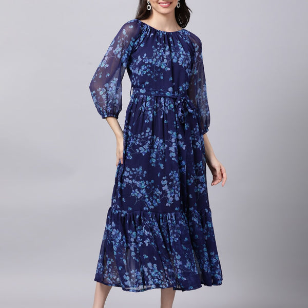 Souchii Navy Blue Floral Layered Chiffon A-Line Midi Dress - Distacart