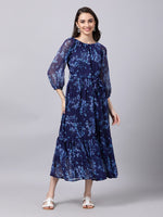 Thumbnail for Souchii Navy Blue Floral Layered Chiffon A-Line Midi Dress - Distacart