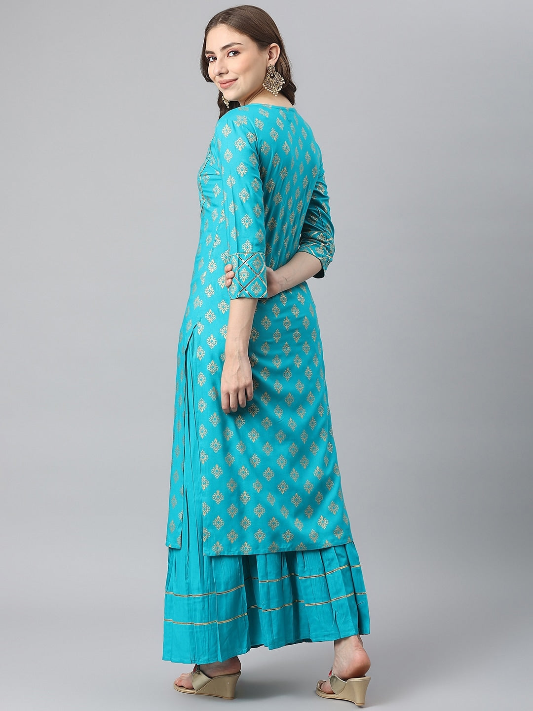 Kalini Women Turquoise Blue Ethnic Motifs Printed Gotta Patti Kurta with Skirt - Distacart