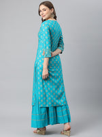 Thumbnail for Kalini Women Turquoise Blue Ethnic Motifs Printed Gotta Patti Kurta with Skirt - Distacart
