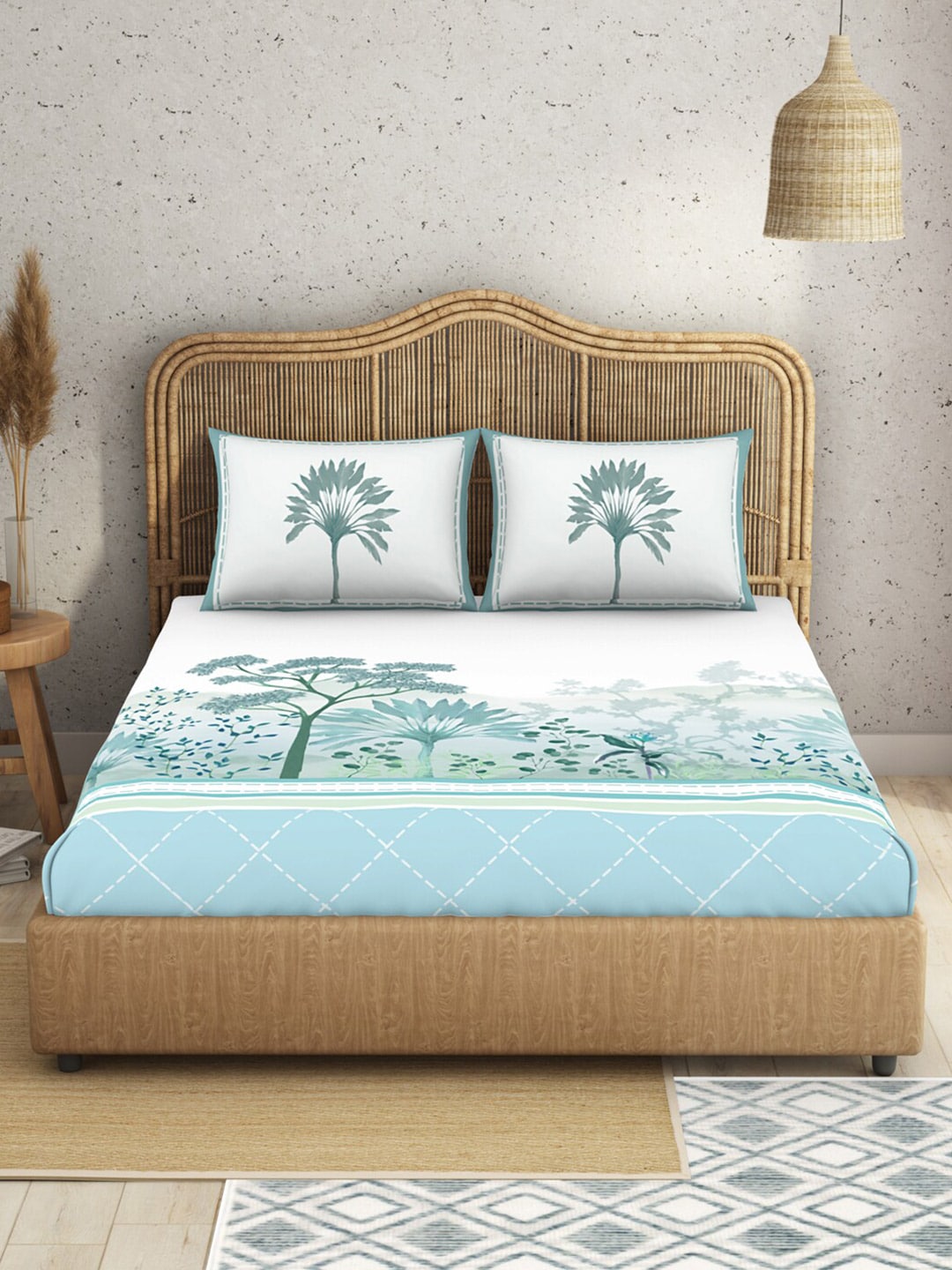 SPACES Kalakari Haath Teal Green Print Pure Cotton 210 TC King Bedsheet & 2 Pillow Covers - Distacart