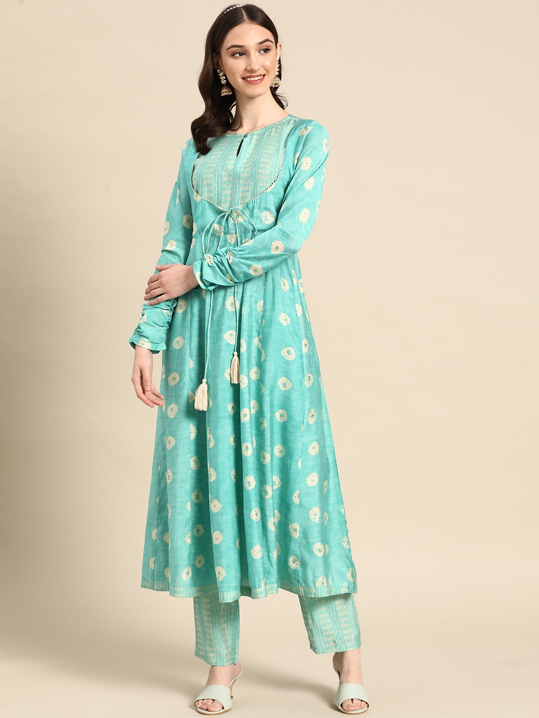 Sangria Women Ethnic Motifs Printed Empire Gotta Patti Kurta with Trousers - Distacart