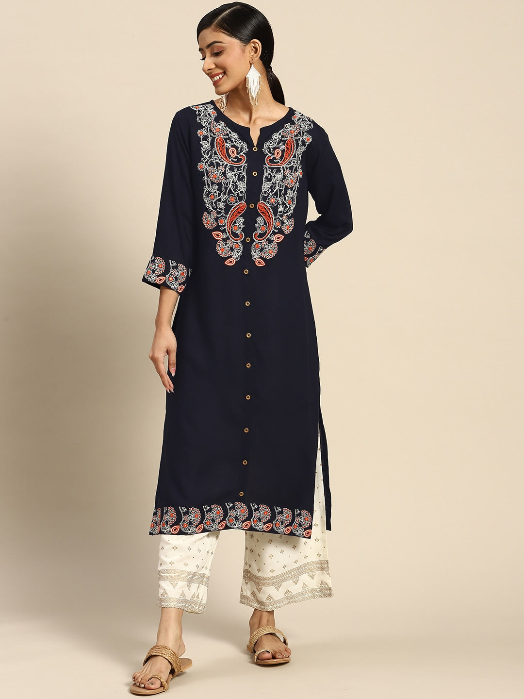 Sangria Women Navy Blue Ethnic Motifs Embroidered Kurta with Palazzos - Distacart