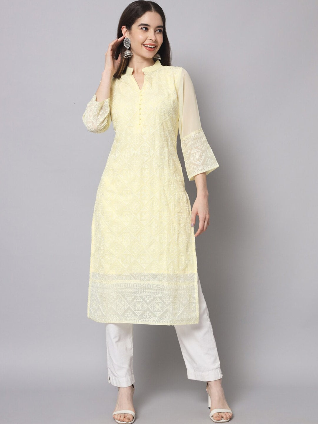 HERE&NOW Women Yellow Ethnic Motifs Embroidered Thread Work Georgette Kurta - Distacart