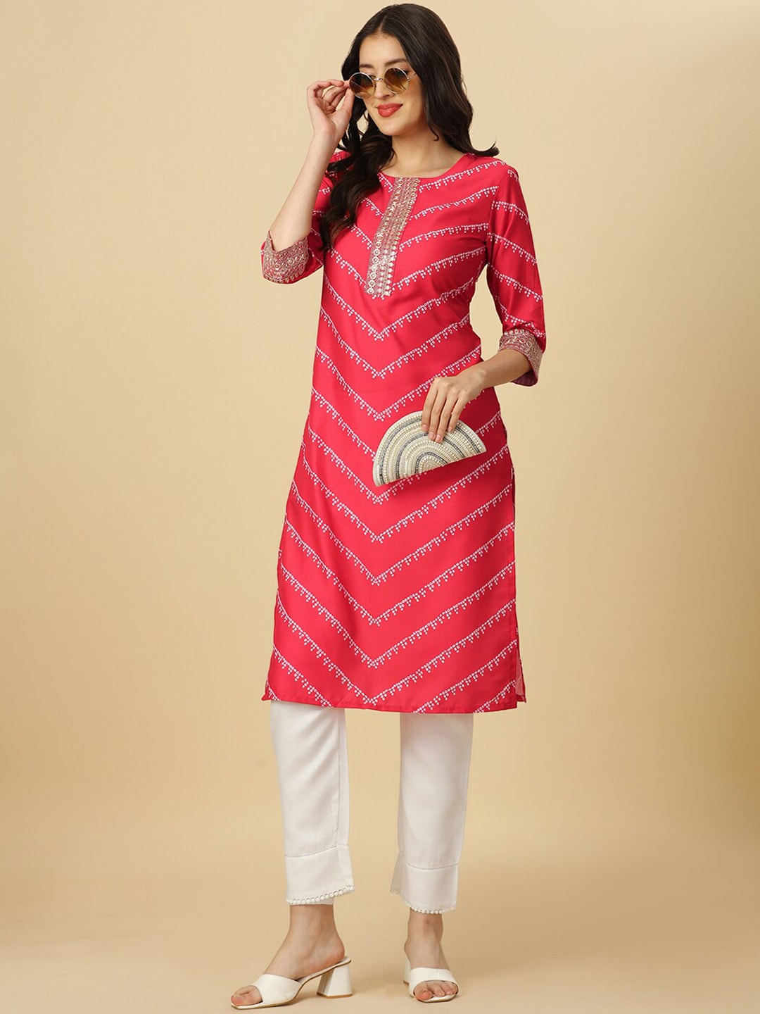 HERE&NOW Red & White Bandhani Printed Thread Work Kurta - Distacart