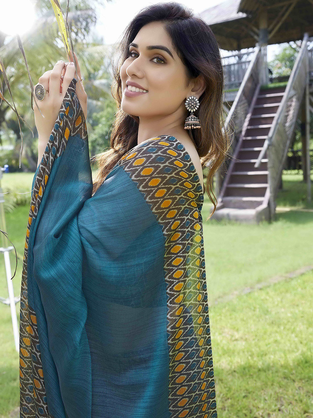Kalini Turquoise Blue & Brown Solid Printed Border Chiffon Saree - Distacart