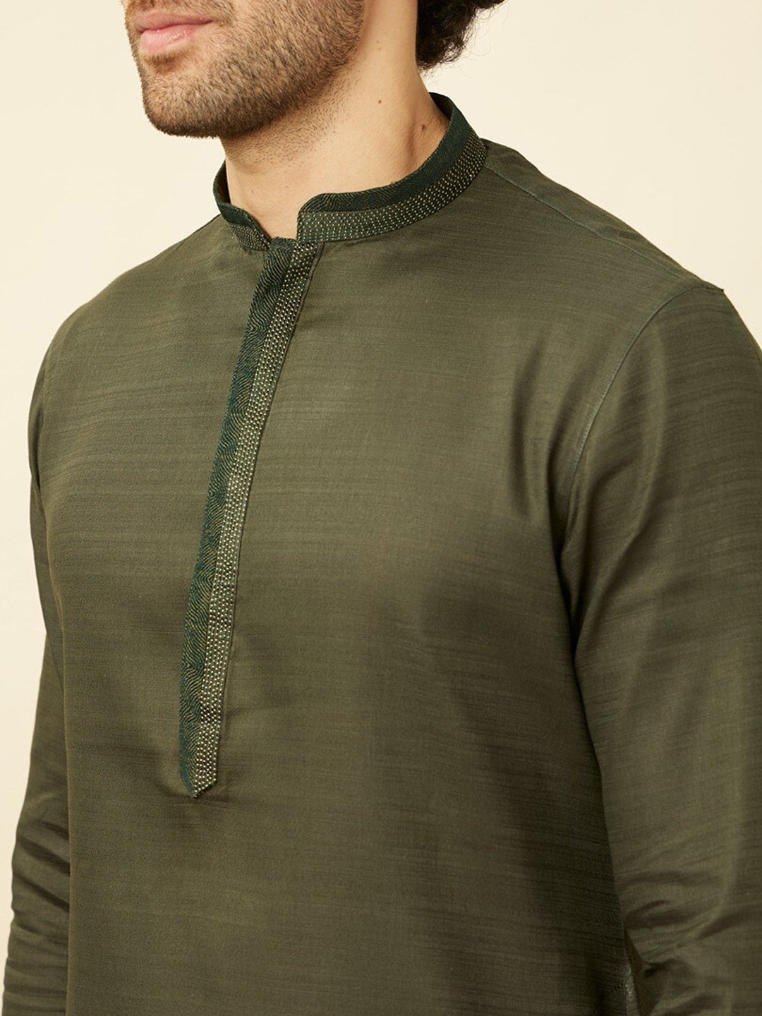 Manyavar Mandarin Collar Thread Work Pure Cotton Kurta & Pyjamas - Distacart