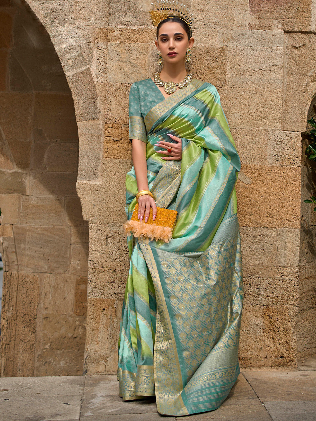 Mitera Sea Green Floral Woven Designed Zari Saree - Distacart