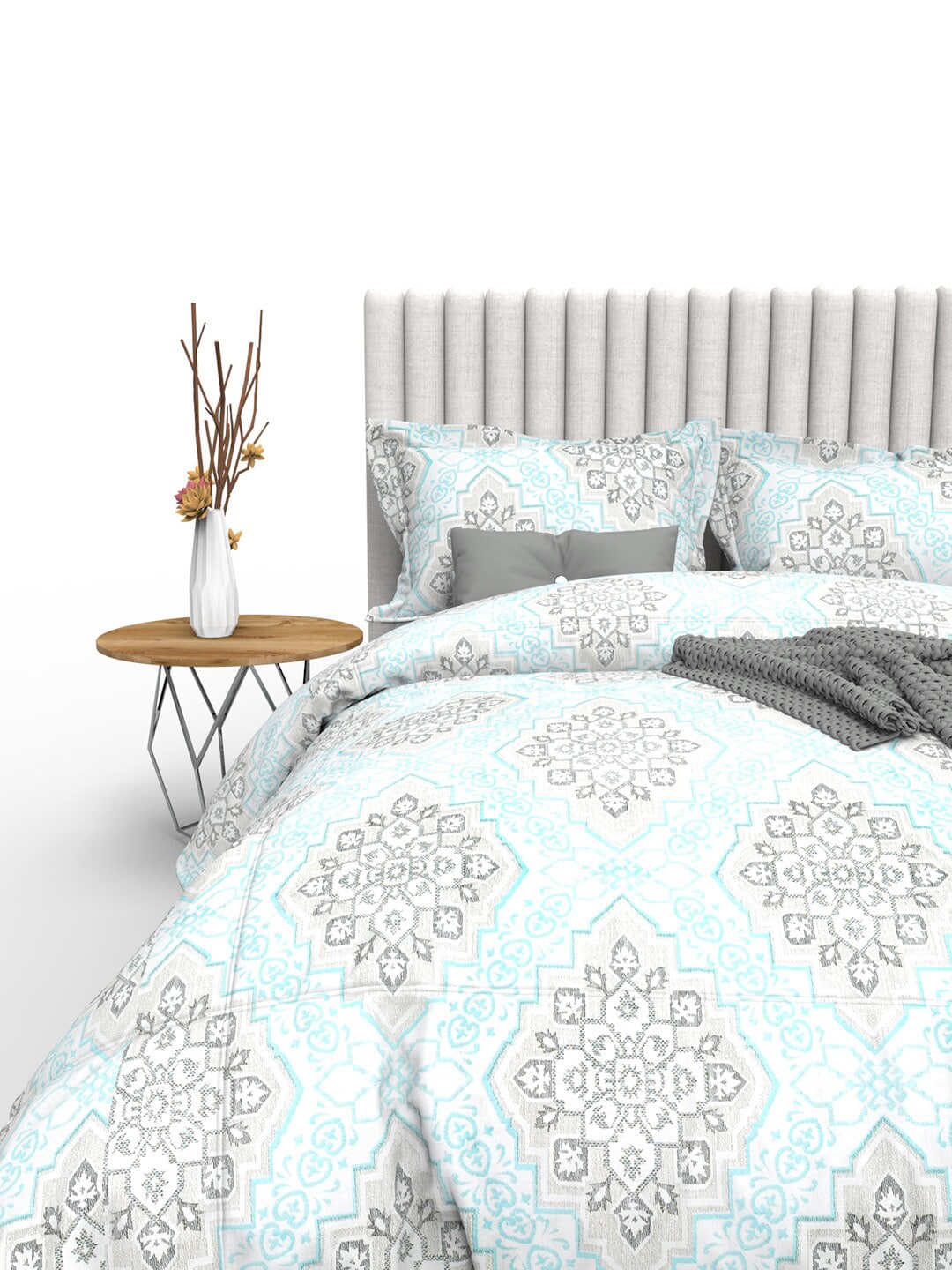THE WHITE MOSS Blue & Grey Ethnic Motifs 350 TC Cotton King Bedsheet with 2 Pillow Covers - Distacart