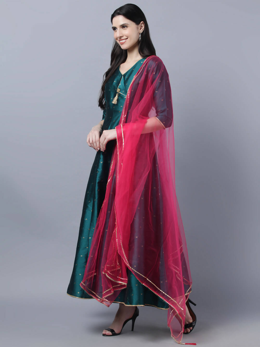 Myshka Green Red Ethnic Motifs Ethnic Anarkali Dress With Dupatta - Distacart