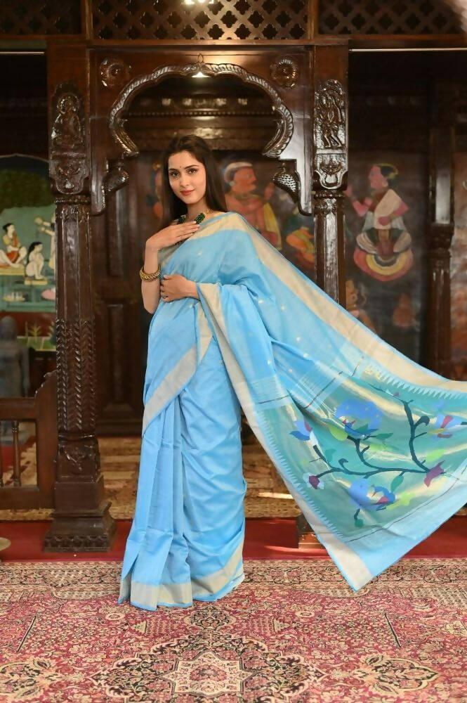Very Much Indian Handloom Pure Cotton Paithani Peacock Pallu-Sky Blue - Distacart