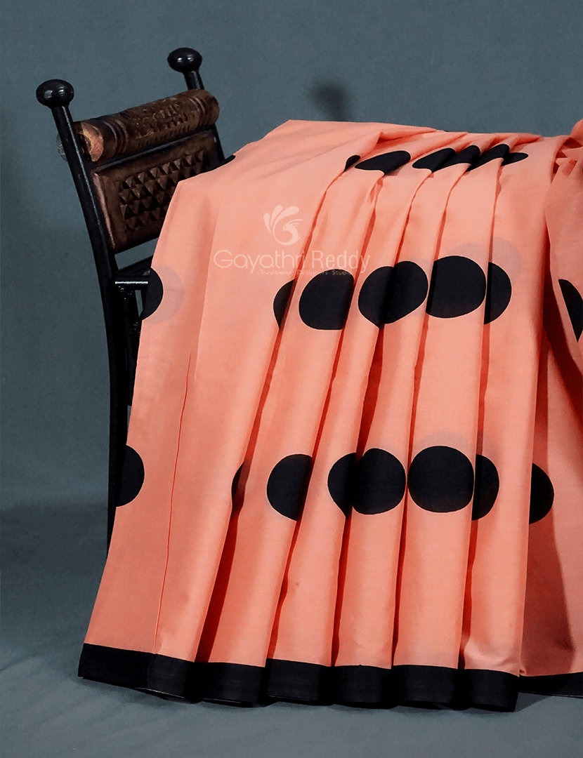 Peach And Black Block Print Pure Mulmul Cotton Saree By Gayathri Reddy Designer Studio - Distacart
