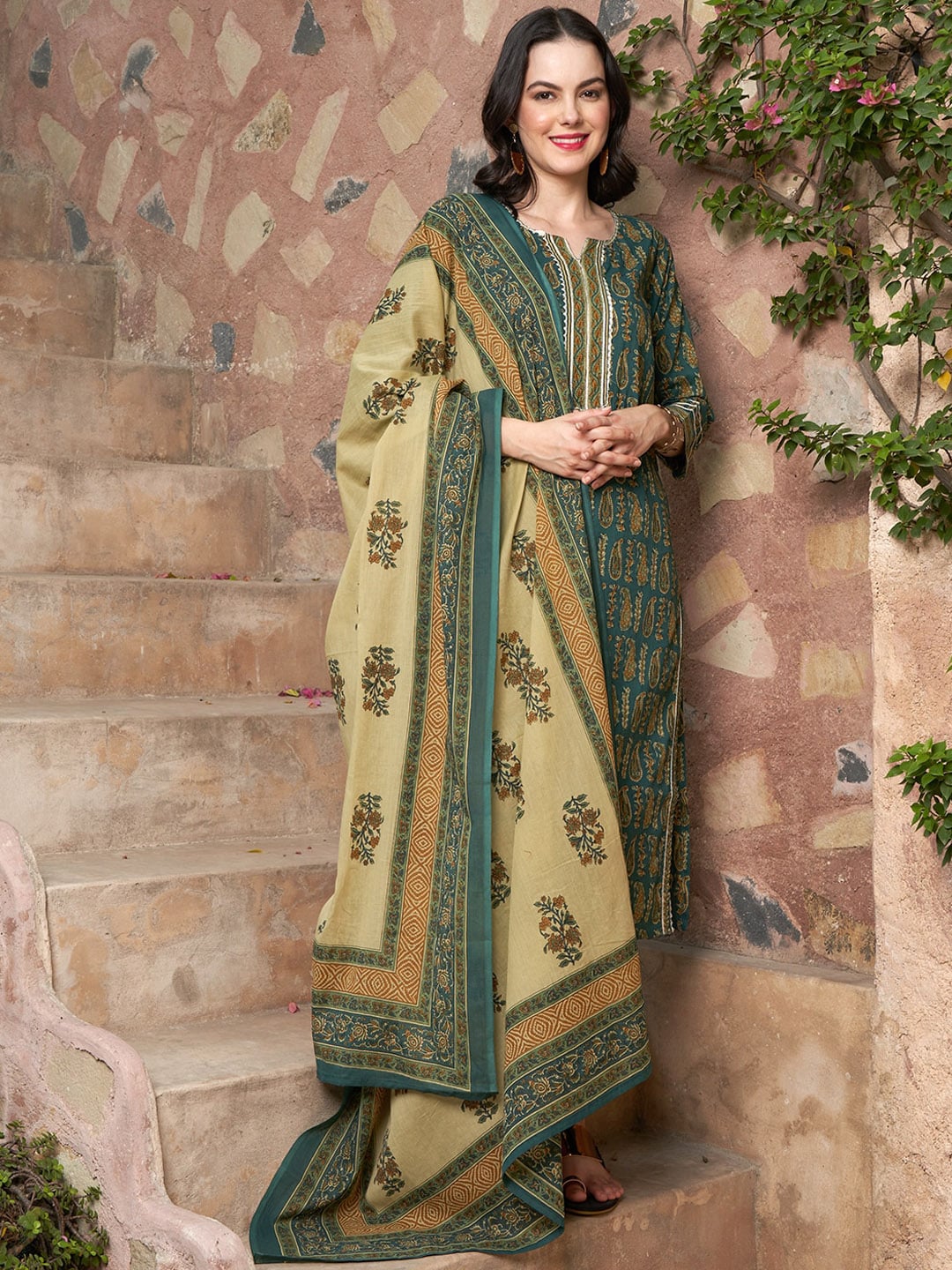 Sangria Ethnic Motifs Printed Pure Cotton Kurta with Trousers & Dupatta - Distacart