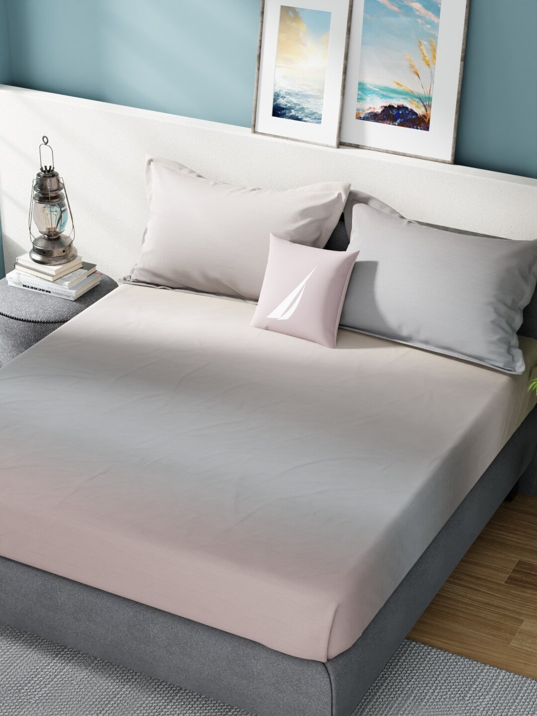 Nautica Grey & Pink 160 TC King Bedsheet With 2 Pillow Covers - Distacart