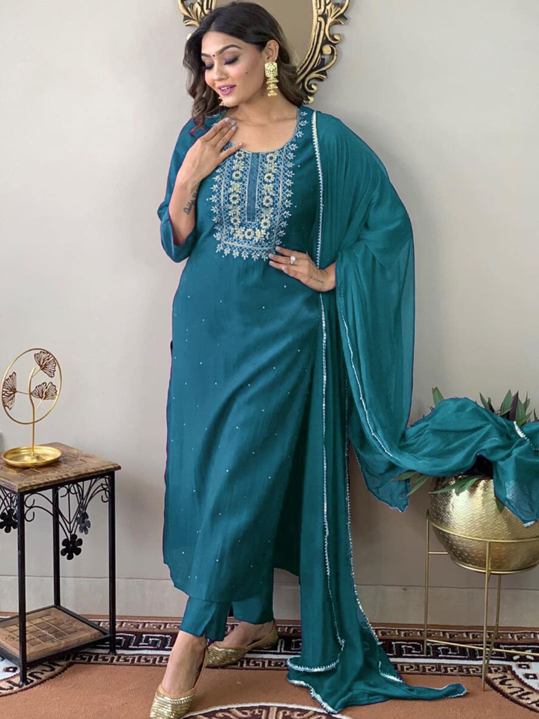 Kalini Floral Embroidered Sequined Kurta with Trousers & Dupatta - Distacart