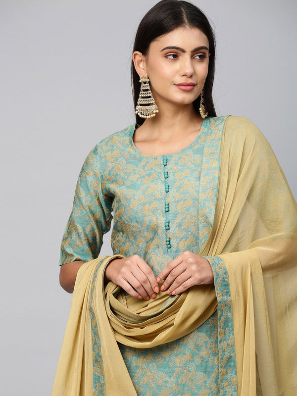 Kalini Women Sea Green Straight Woven Kurta with Trouser & With Dupatta - Distacart