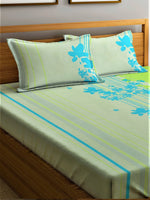 Thumbnail for Home Sizzler Green & Blue Floral 210 TC Queen Bedsheet with 2 Pillow Covers - Distacart