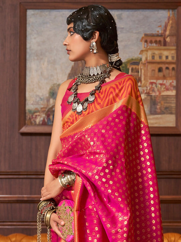 Mitera Pink & Gold-Toned Floral Silk Blend Banarasi Saree - Distacart
