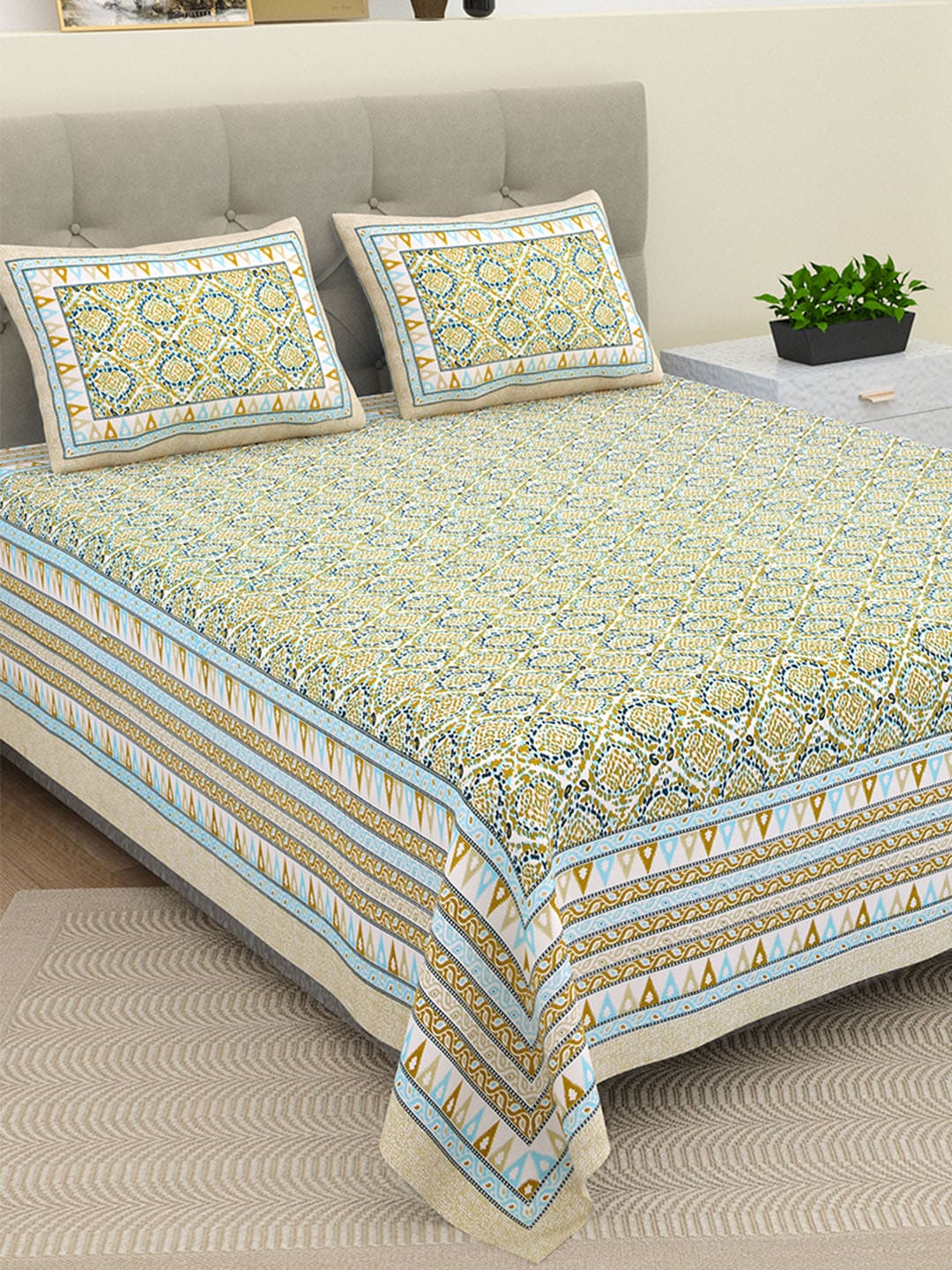 BELLA CASA Green & Blue Ethnic Motifs Cotton 180 TC King Bedsheet With 2 Pillow Covers - Distacart