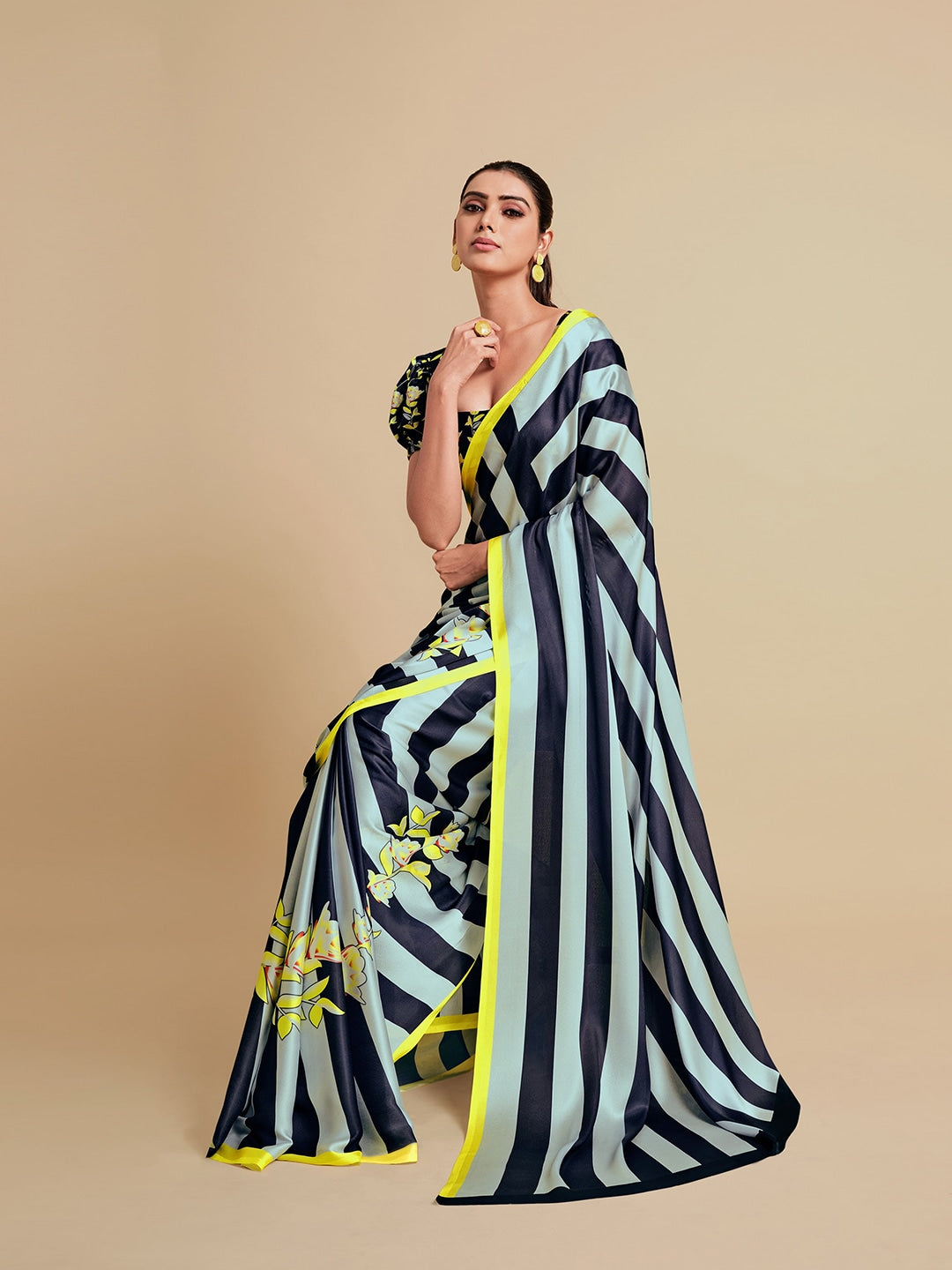 Sangria Navy Blue & Green Striped Satin Saree - Distacart