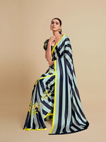Thumbnail for Sangria Navy Blue & Green Striped Satin Saree - Distacart