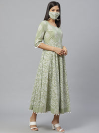 Thumbnail for Libas Sage Green & Off-White Ethnic Motifs Printed Maxi Cotton Dress With Mask - Distacart