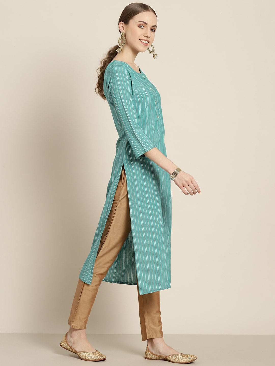Sangria Women Sea Green & White Striped Sequin Detail Kurta - Distacart
