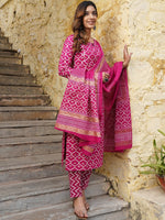 Thumbnail for Kalini Keyhole Neck Ethnic Motifs Printed Regular Kurta with Trousers & With Dupatta - Distacart