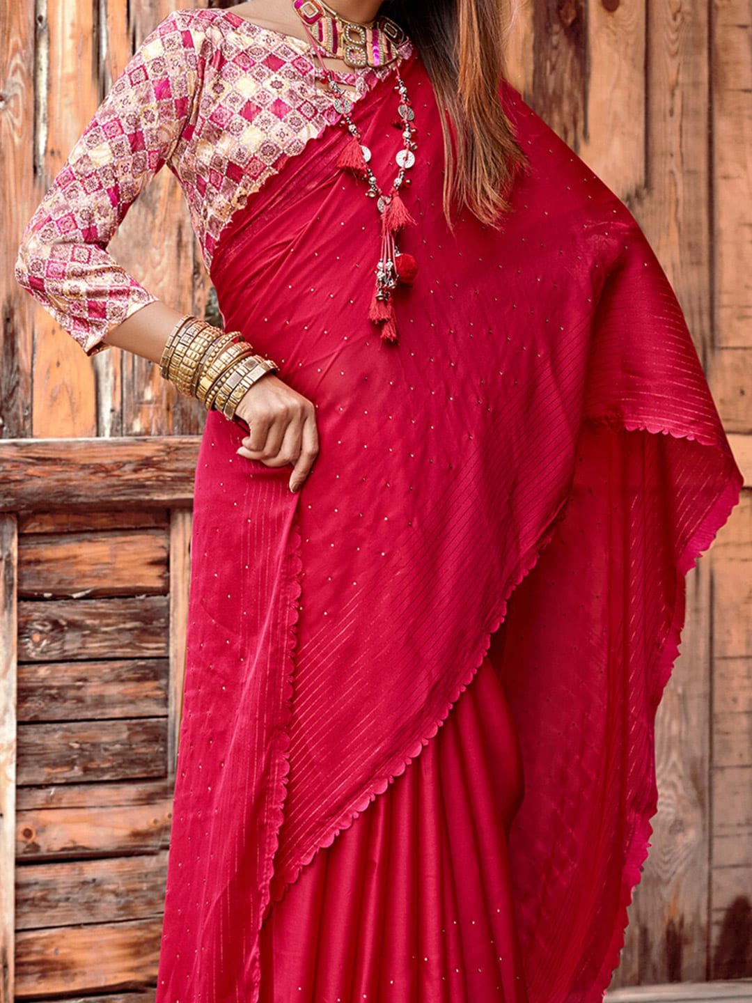 Saree Mall Pink Embellished Beads and Stones Pure Chiffon Sarees - Distacart