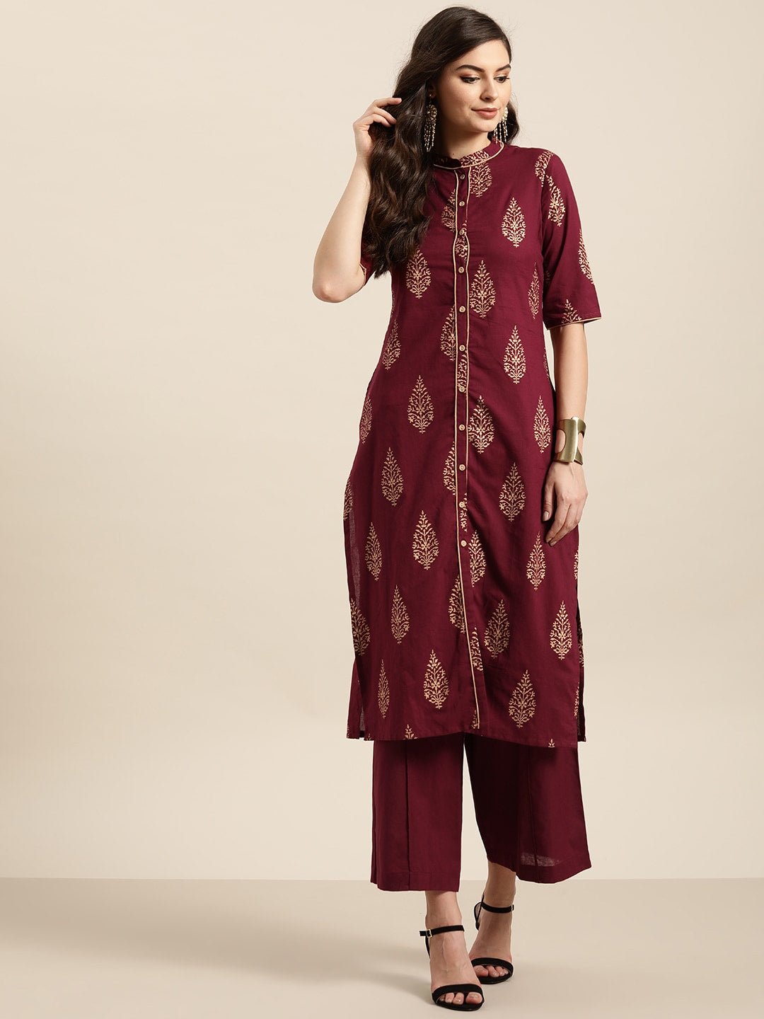 Sangria Women Maroon & Golden Pure Cotton Printed Kurta with Palazzos - Distacart