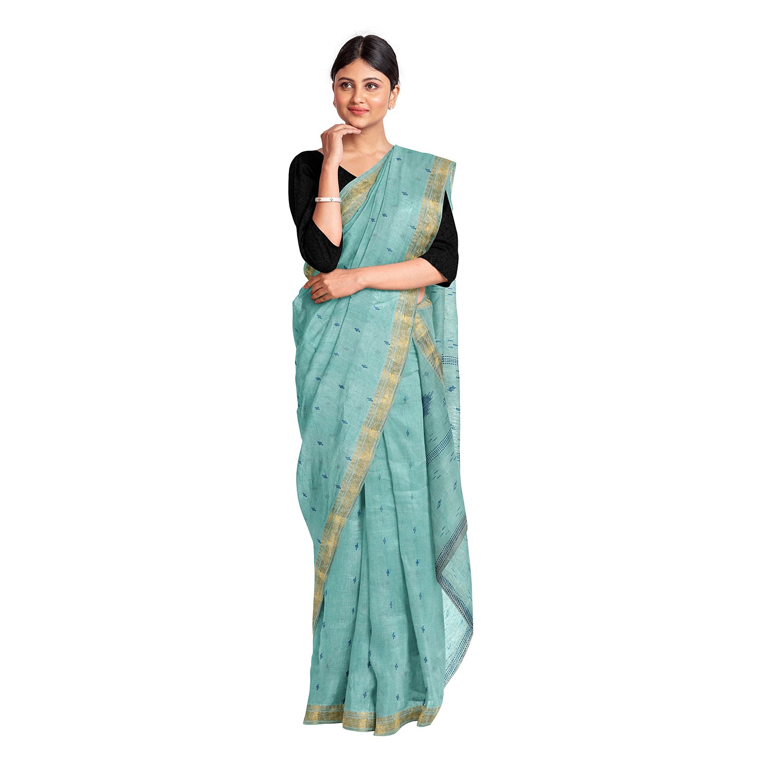 Exclusive Collection 100% Pure Cotton Sea Green Tant Saree With Hand Weaving Work - Distacart