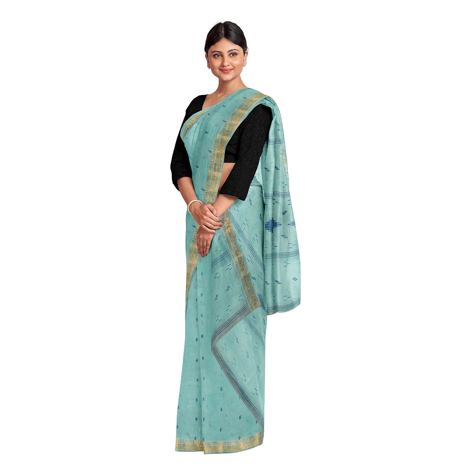 Exclusive Collection 100% Pure Cotton Sea Green Tant Saree With Hand Weaving Work - Distacart
