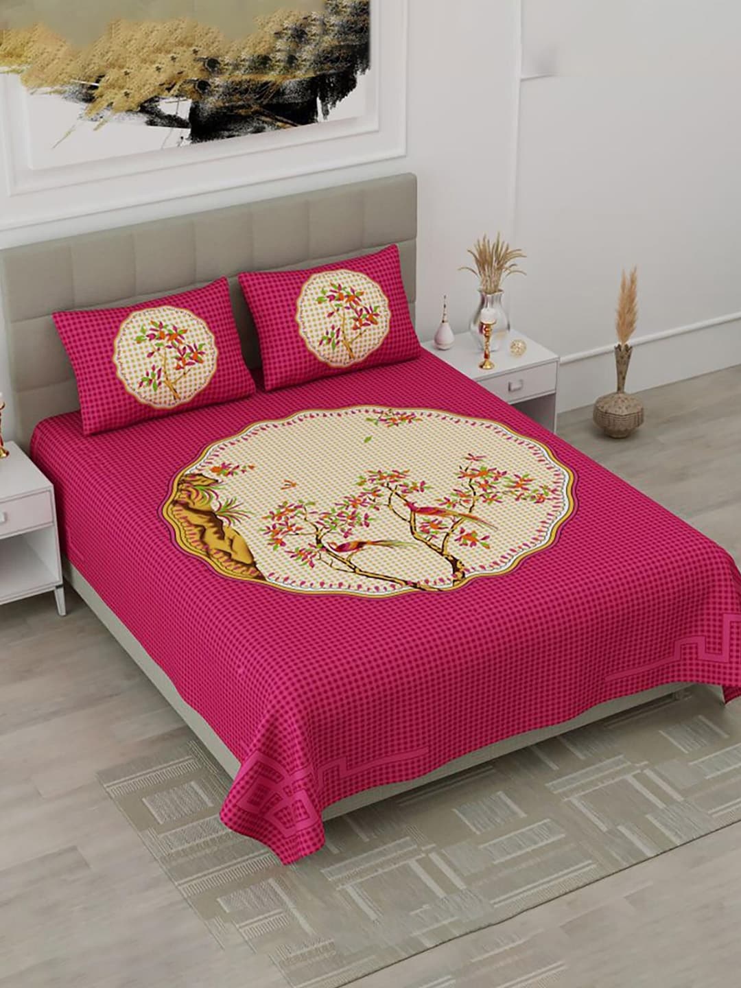 HOMETALES Pink & Beige Ethnic Motifs Cotton 104 TC King Bedsheet with 2 Pillow Covers - Distacart