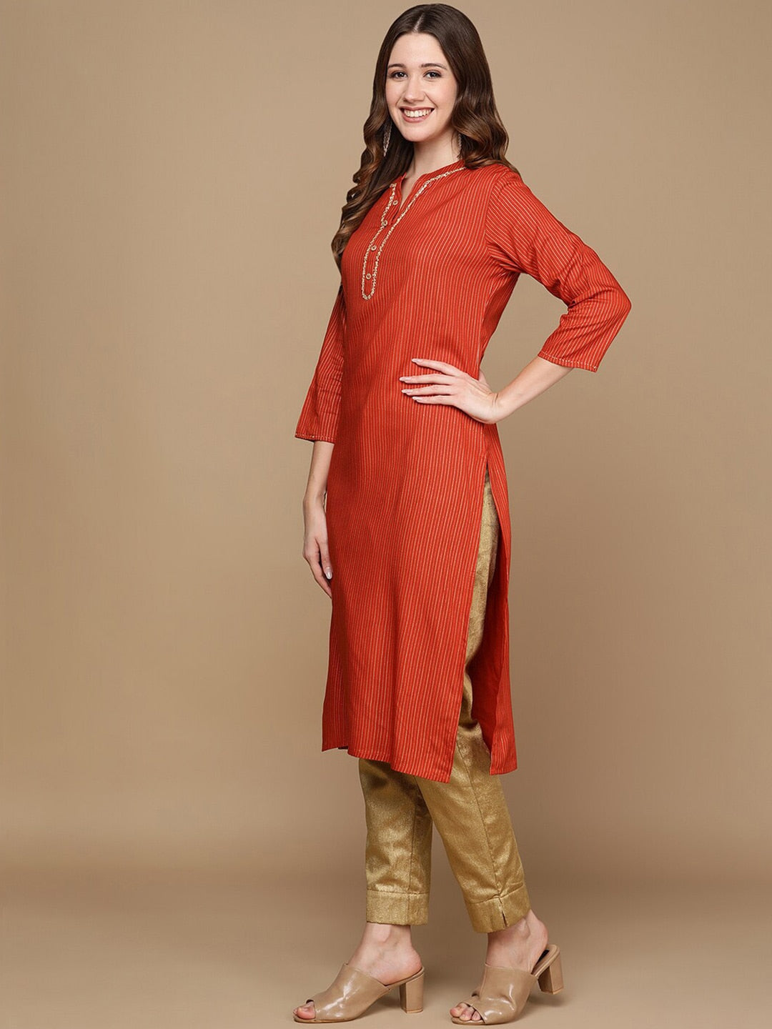 HERE&NOW Orange & Gold-Toned Mandarin Collar Striped Sequined Straight Kurta - Distacart