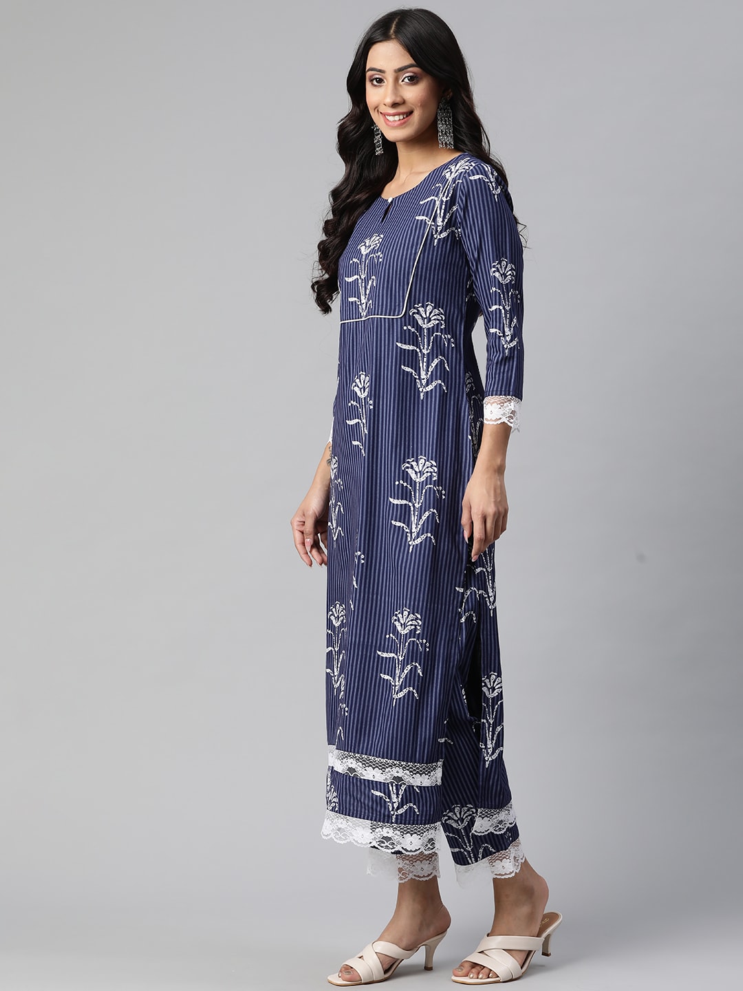 Kalini Women Navy Blue & White Ethnic Motifs Printed Kurta with Trousers - Distacart