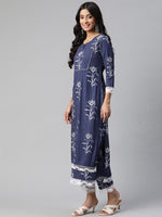 Thumbnail for Kalini Women Navy Blue & White Ethnic Motifs Printed Kurta with Trousers - Distacart