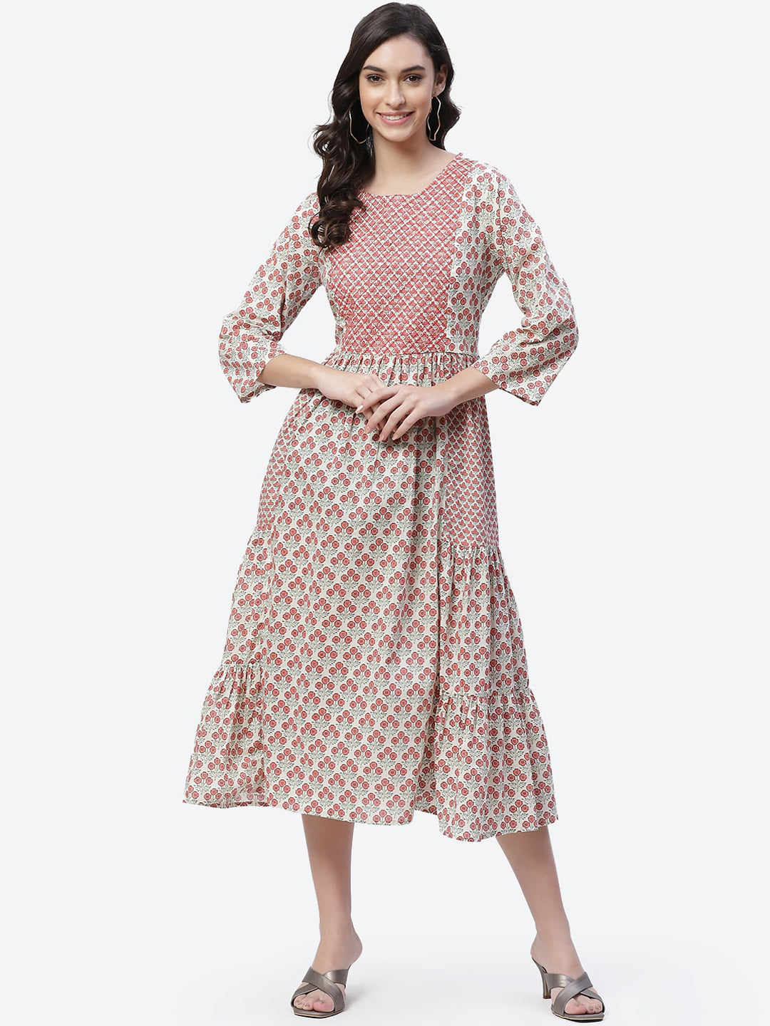 Biba Women Cream-Coloured Ethnic Motifs Printed Flared Sleeves Anarkali Kurta - Distacart