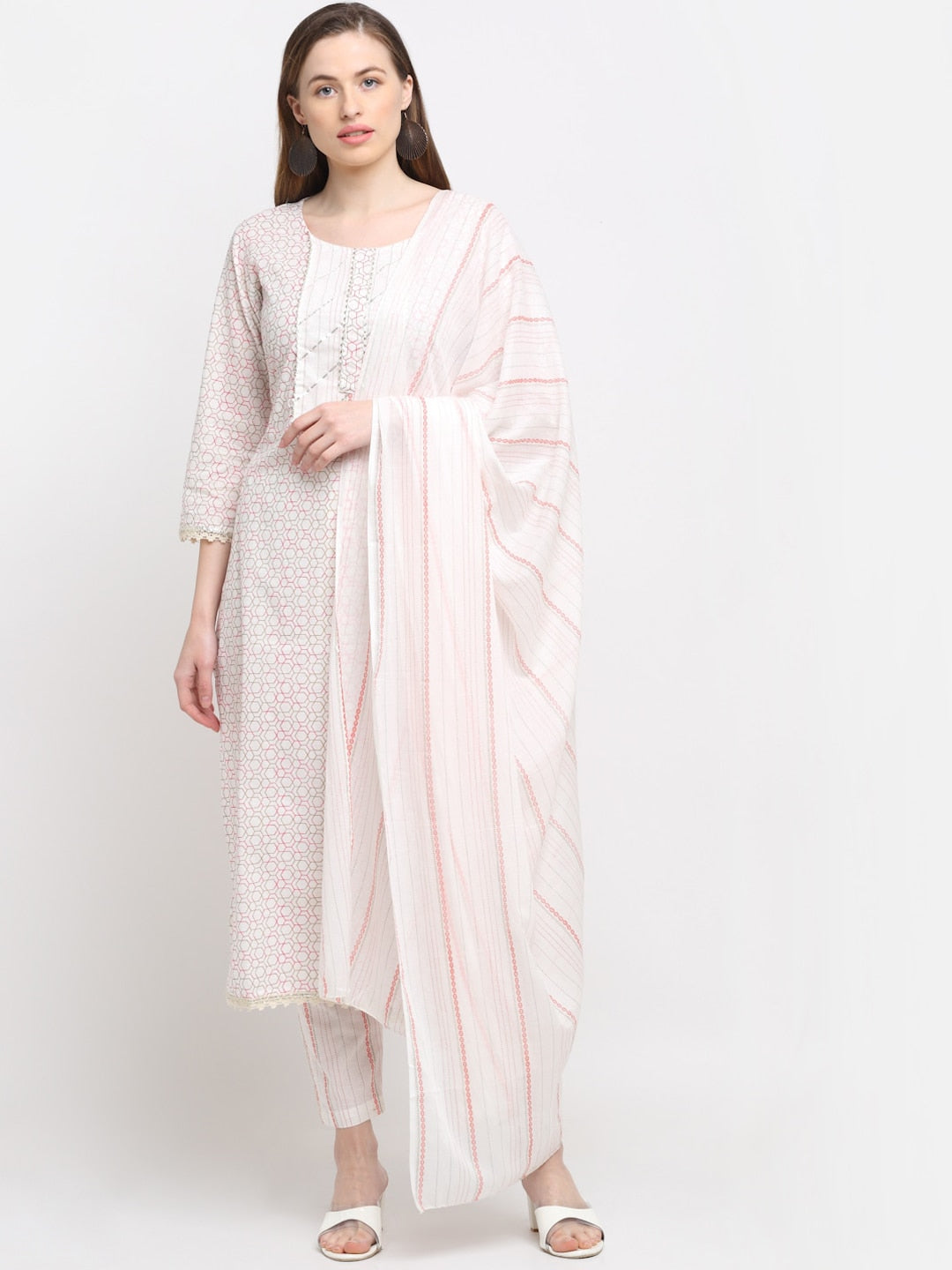 Kalini Women White Printed Pure Cotton Kurta with Trousers & With Dupatta - Distacart