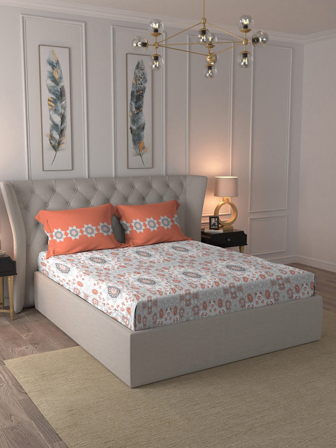 MYTRIDENT Grey White Floral Pure Cotton 144 TC Queen Bedsheet With 2 Pillow Covers - Distacart