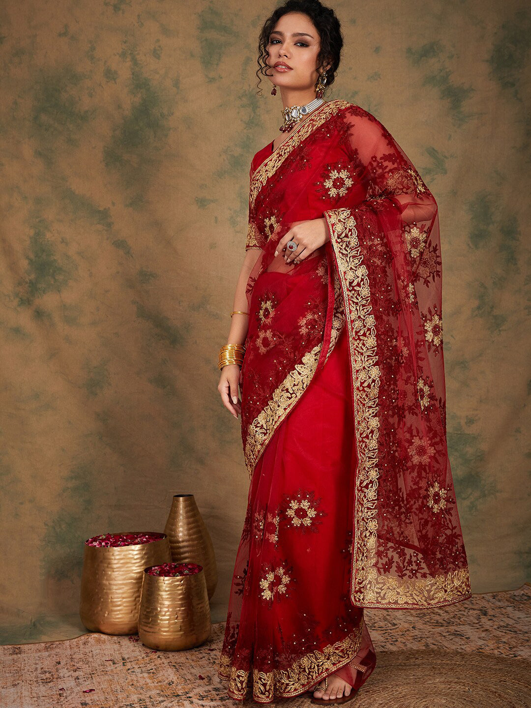 Sangria Floral Embroidered Net Sarees - Distacart