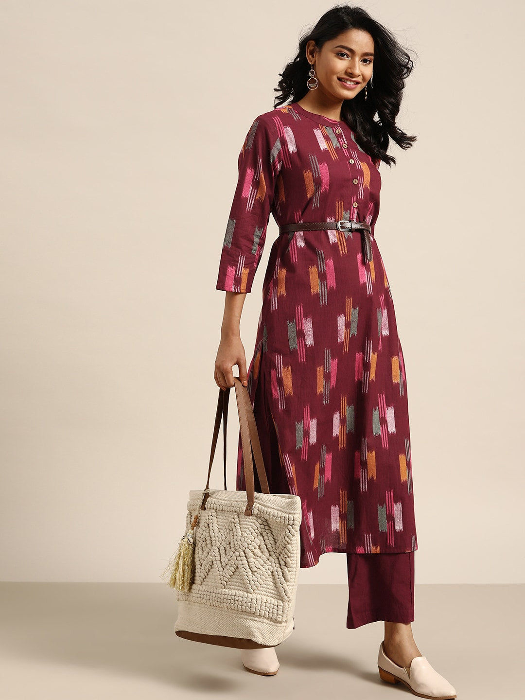 Sangria Women Burgundy & Mustard Yellow Abstract Print Cotton Kurta with Trousers - Distacart