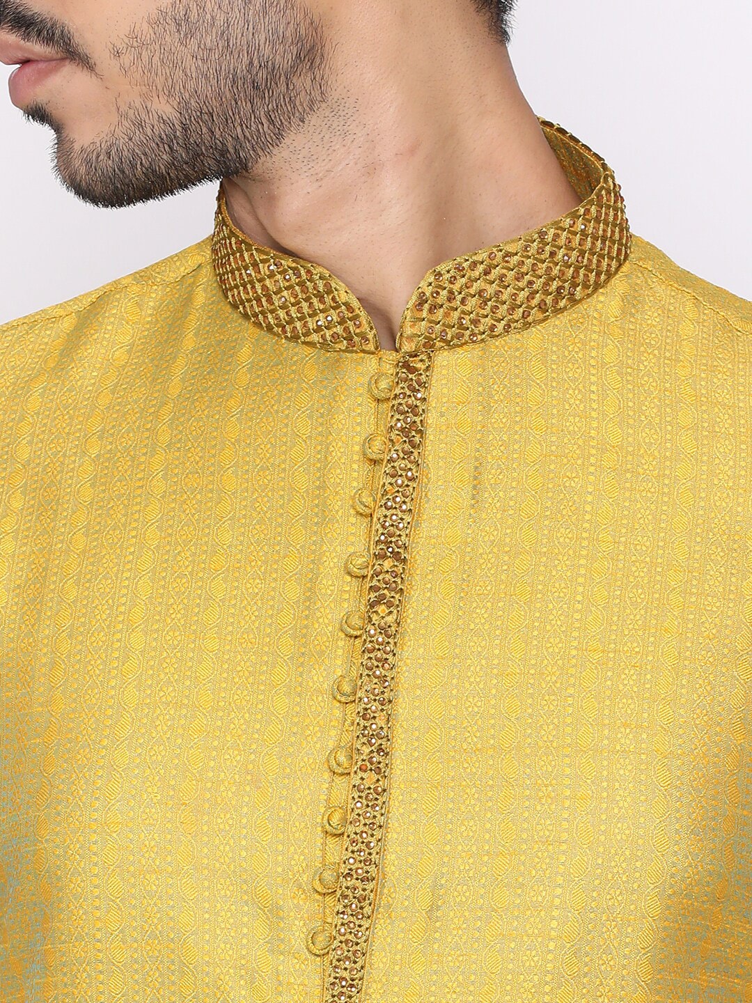 Manyavar Men Yellow & White Self Design Kurta with Churidar - Distacart