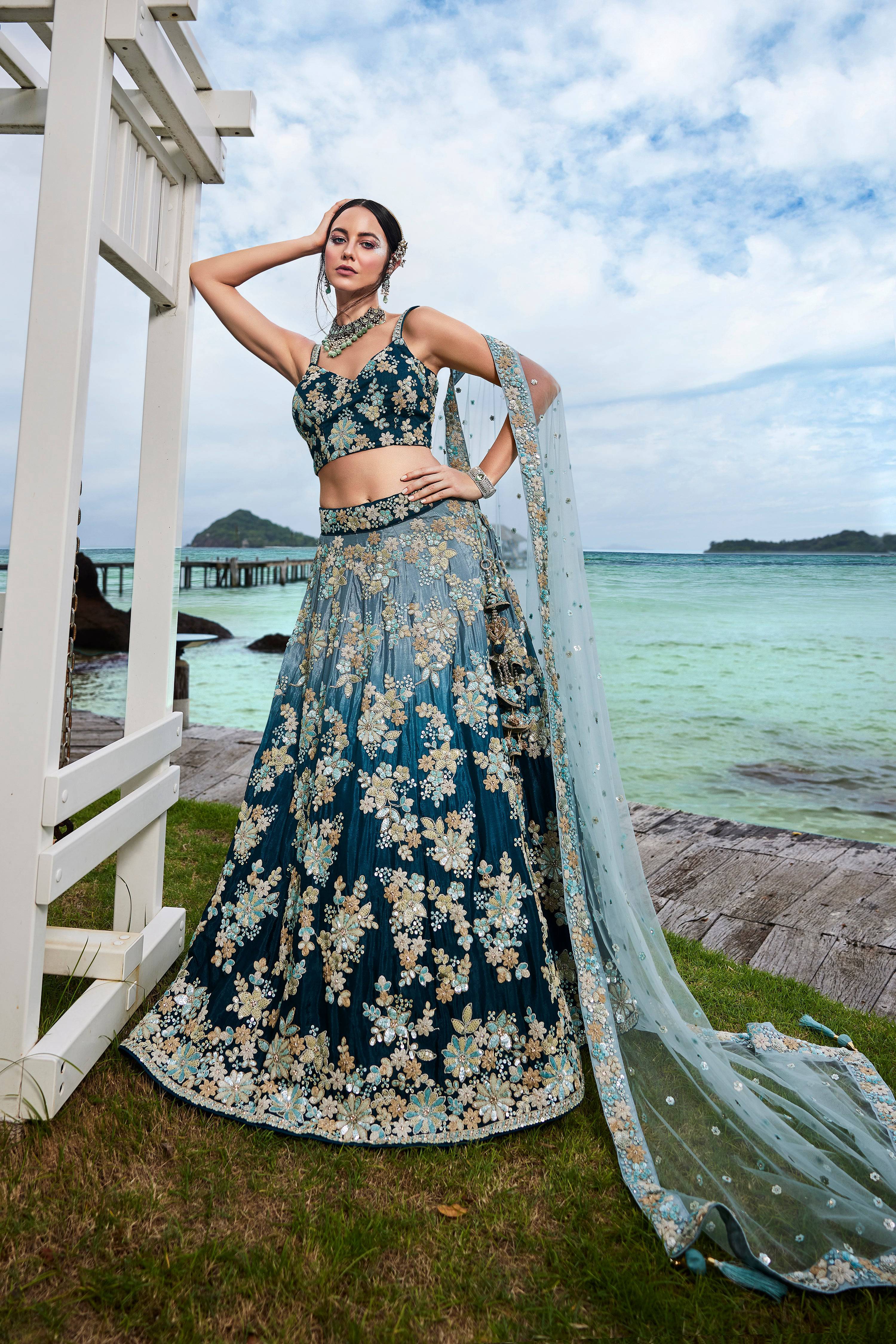 House of Panchhi Teal Padded Colour Georgette Sequins & Zarkan Embroidery Lehenga Choli & Dupatta - Distacart