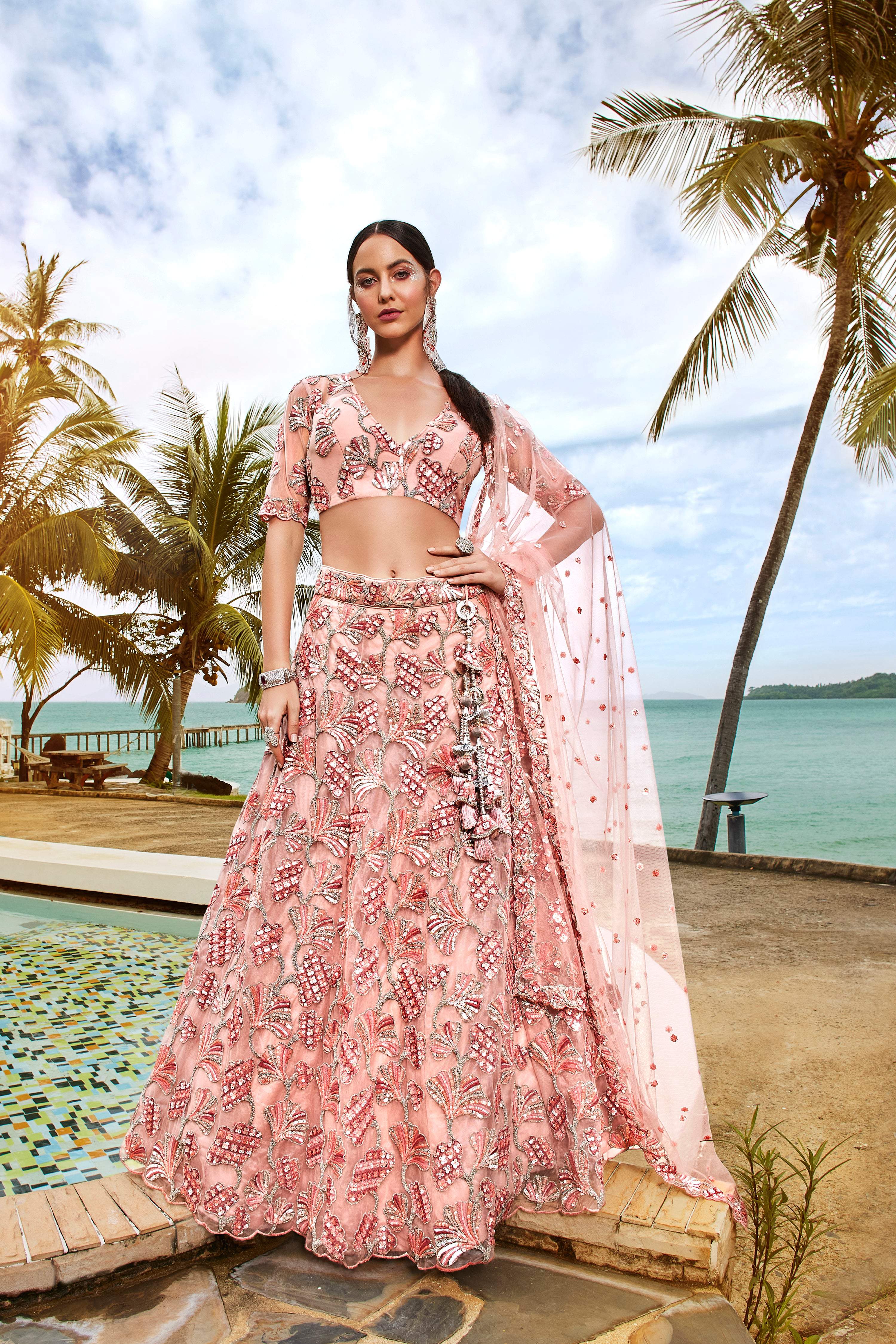 House of Panchhi Coral Net Sequins And Thread Embroidery Lehenga Choli & Dupatta - Distacart