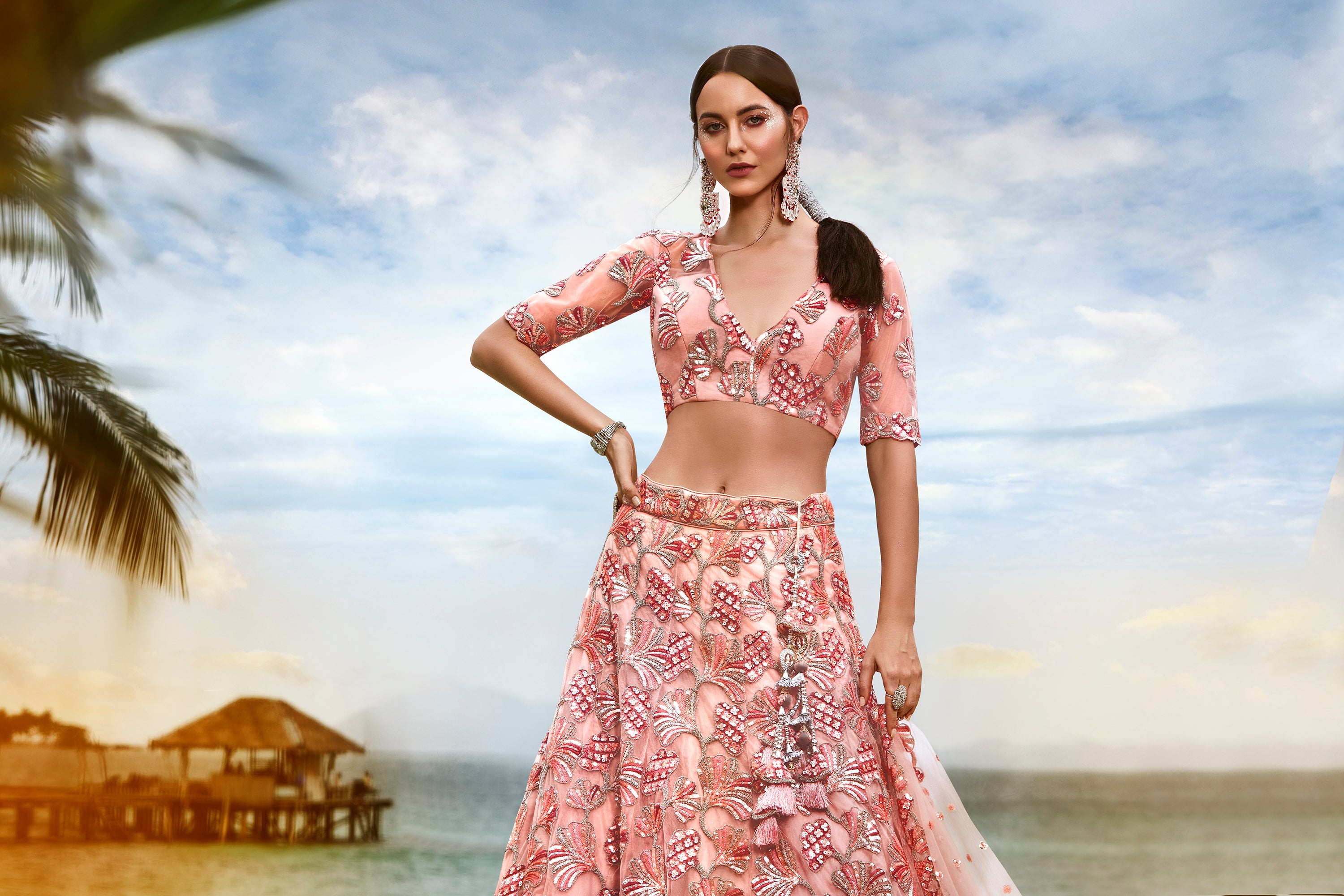 House of Panchhi Coral Net Sequins And Thread Embroidery Lehenga Choli & Dupatta - Distacart