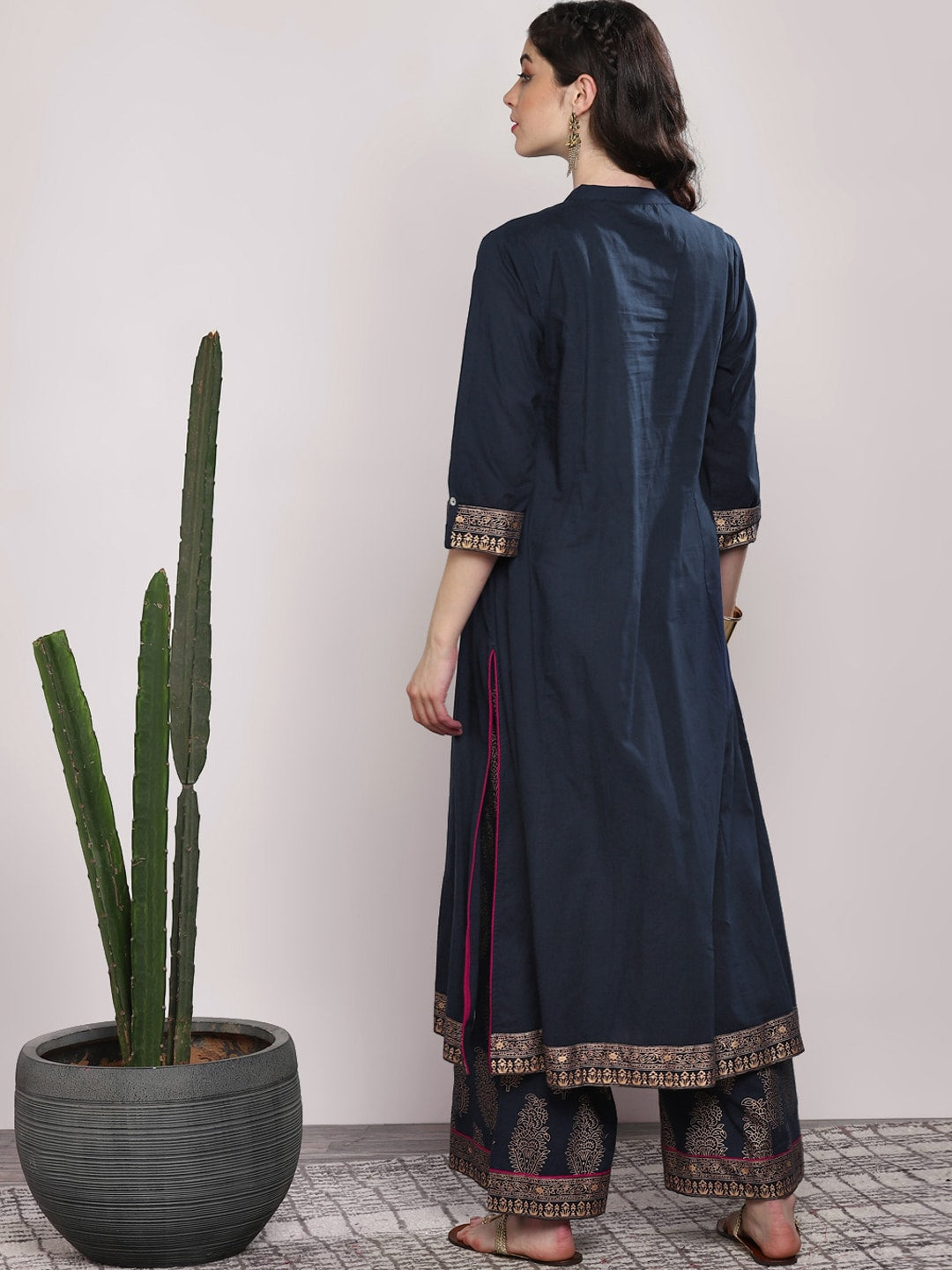Sangria Women Navy Blue & Gold-Coloured Printed Kurta with Palazzos - Distacart