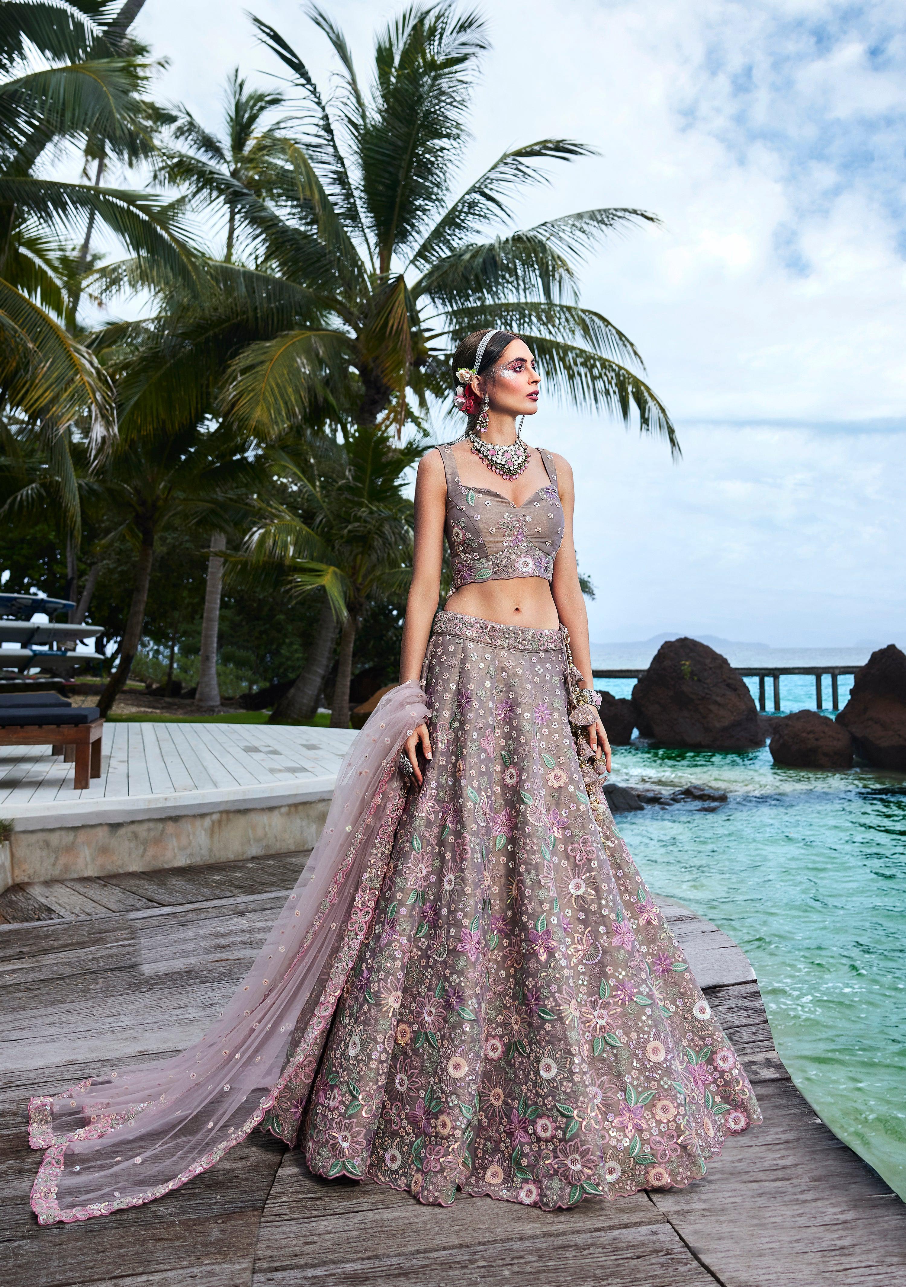 House of Panchhi Rose Gold Toned Organza Sequins & Zarkan Embroidery Lehenga Choli & Dupatta - Distacart