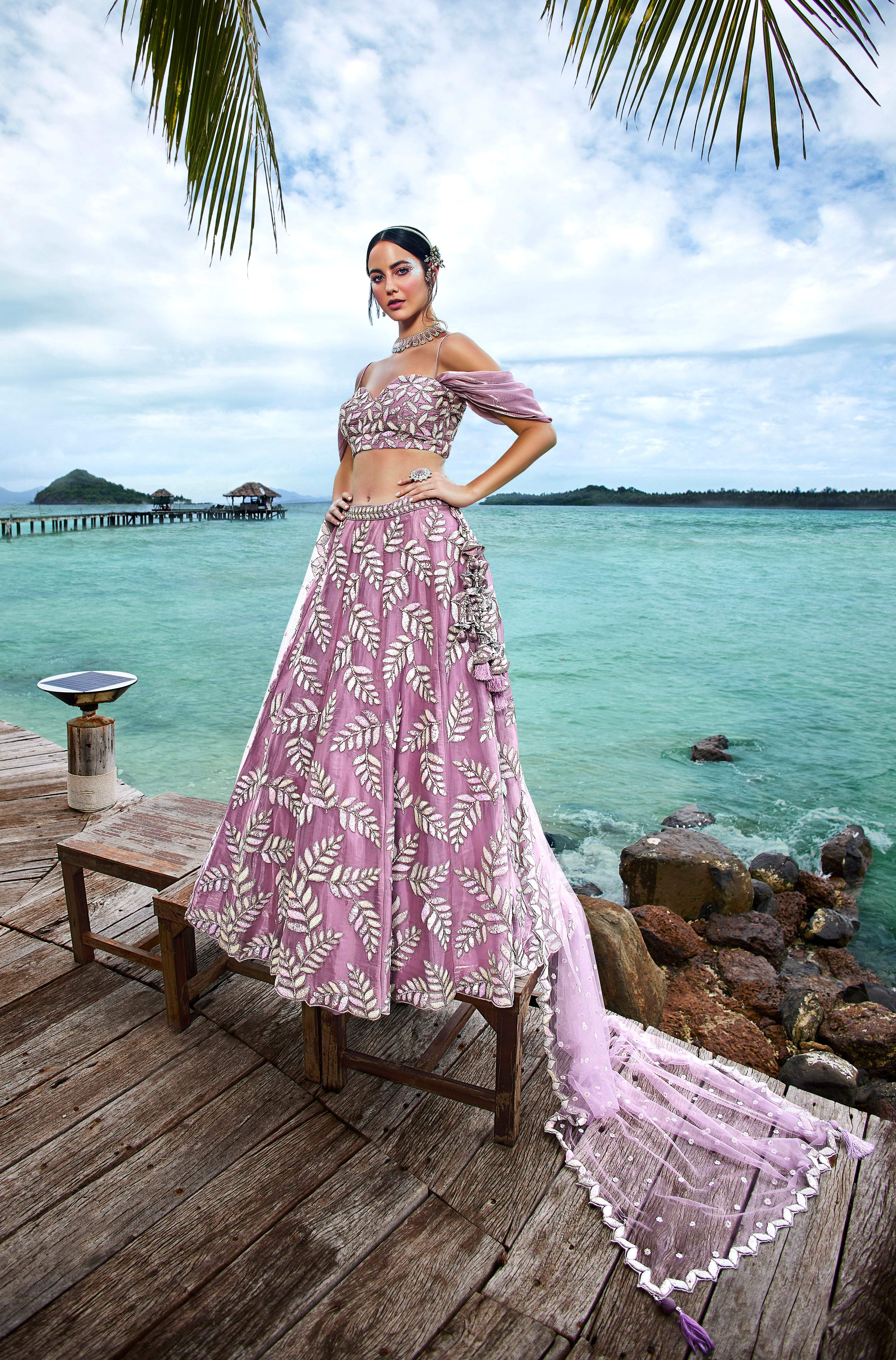 House of Panchhi Mauve Organza Sequins & Zarkan Embroidery Lehenga Choli & Dupatta - Distacart