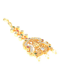 Thumbnail for Yellow Chimes Women Gold-Plated White & Red Ad Studded Handcrafted Maang Tikka - Distacart