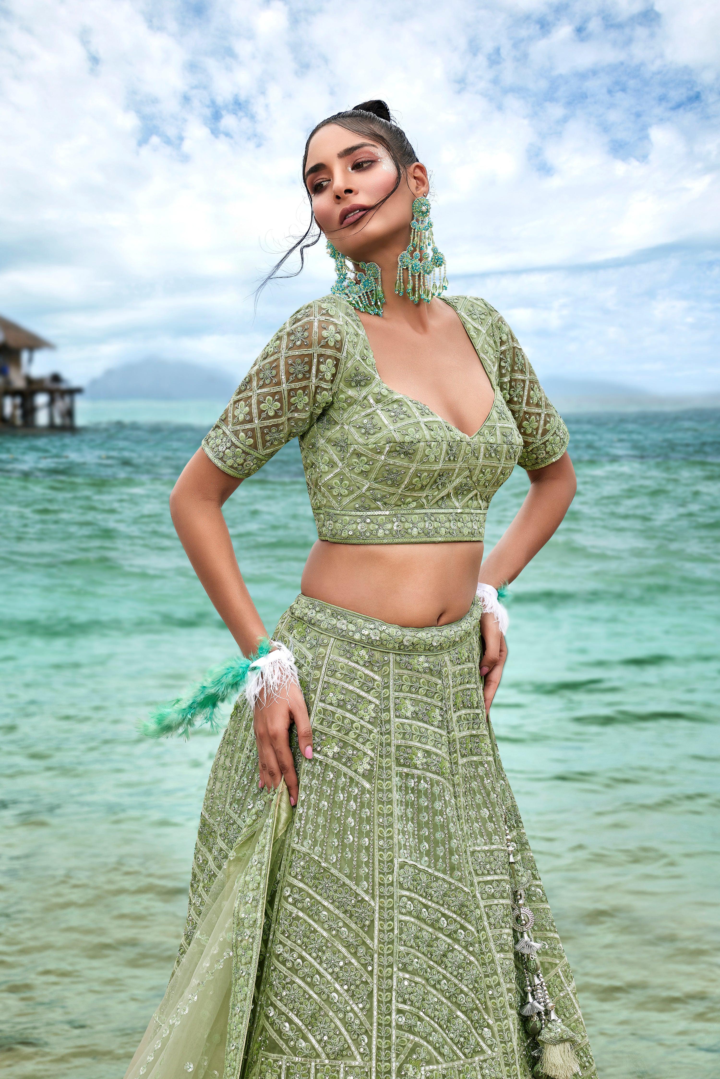 House of Panchhi Lime Green Net Sequins, Zarkan And Thread Embroidery Lehenga Choli & Dupatta - Distacart